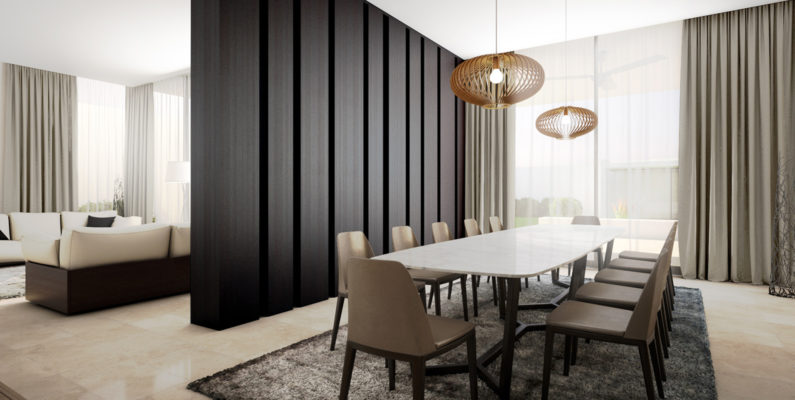 salon con sofas y comedor con sillas y mesa dividido