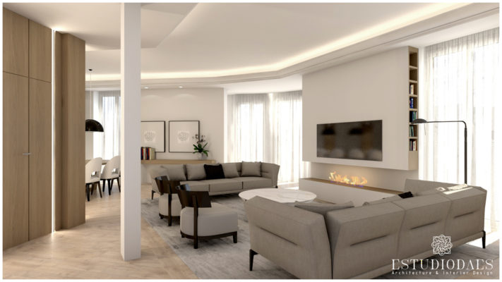 SALON CON SOFAS Y CHUMENEA BAJO LA TELEVISION