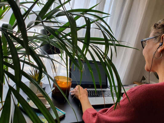 Sandra trabajando detras de una planta