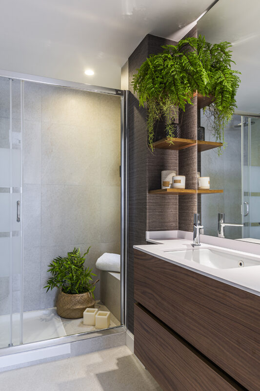 lavabo con ducha y estanteria decorada con plantas