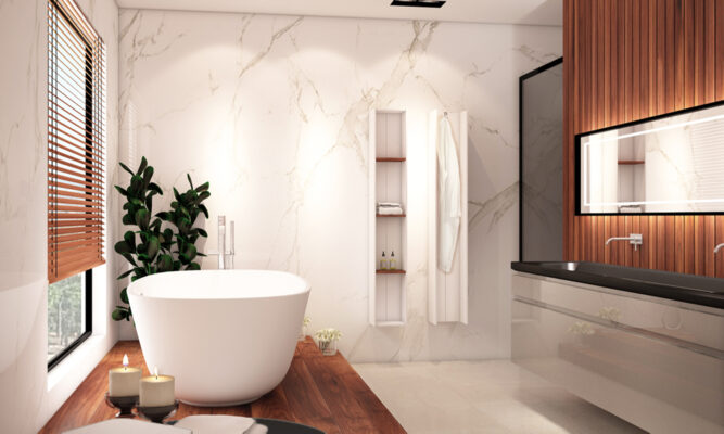 cuarto de baño en tonos marmol y madera